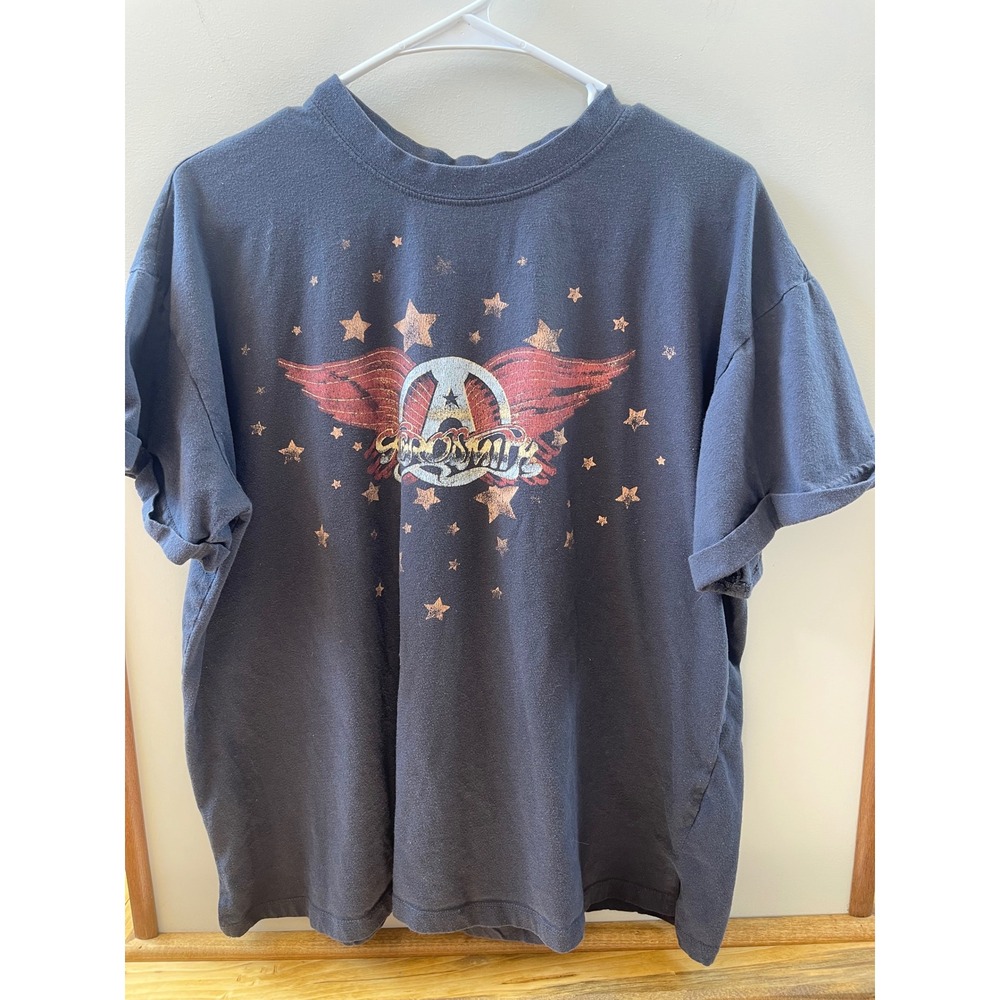 Aerosmith Graphic T-Shirt Charcoal Grey Winged Logo Stars Rock Band Tee Large